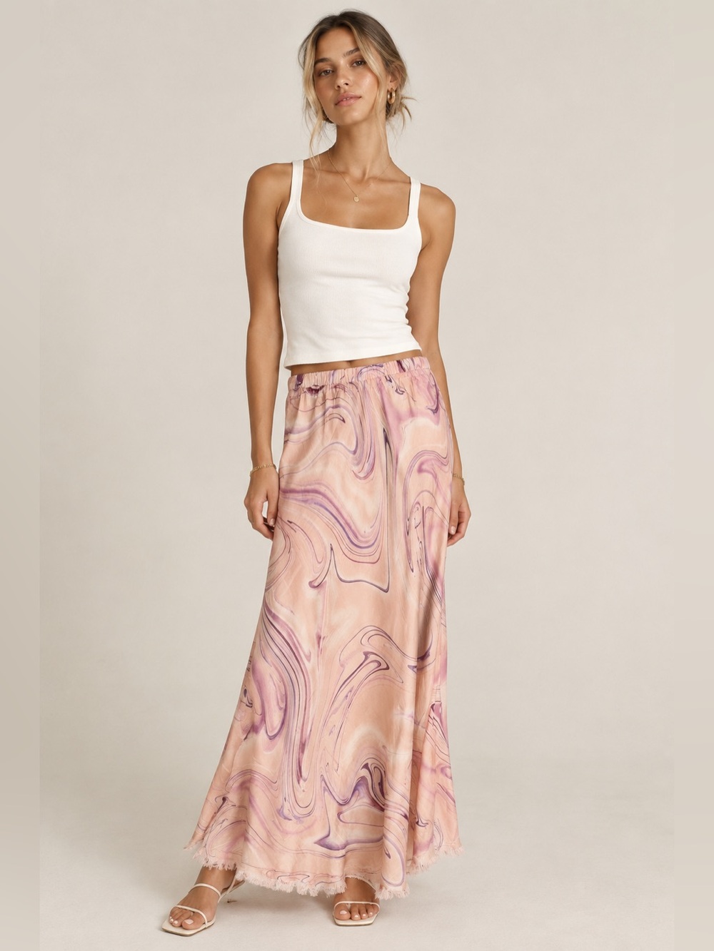 Olivaceous Pink Marble-Print Maxi Skirt , size S , NWT